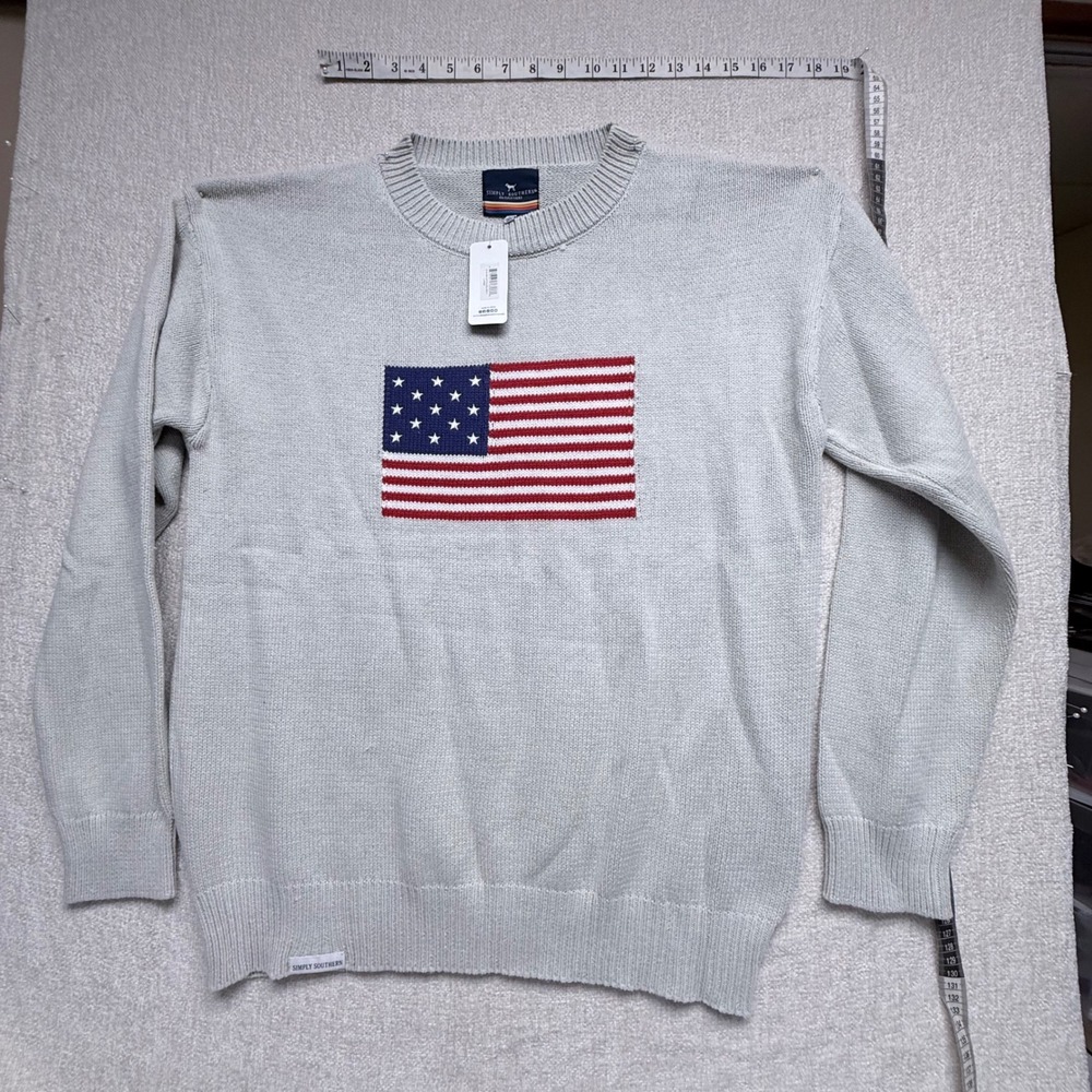Simply Southern American Flag Knit Sweater Gray Large NWT Patriotic Crewneck